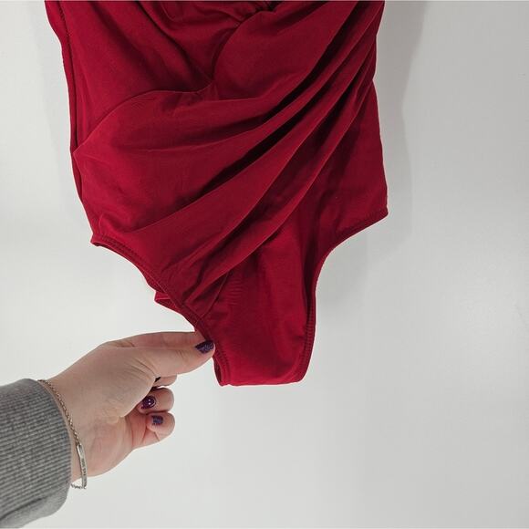Miraclesuit Red Gathered V Neck One Piece Swimsuit 10 - Picture 3 of 12